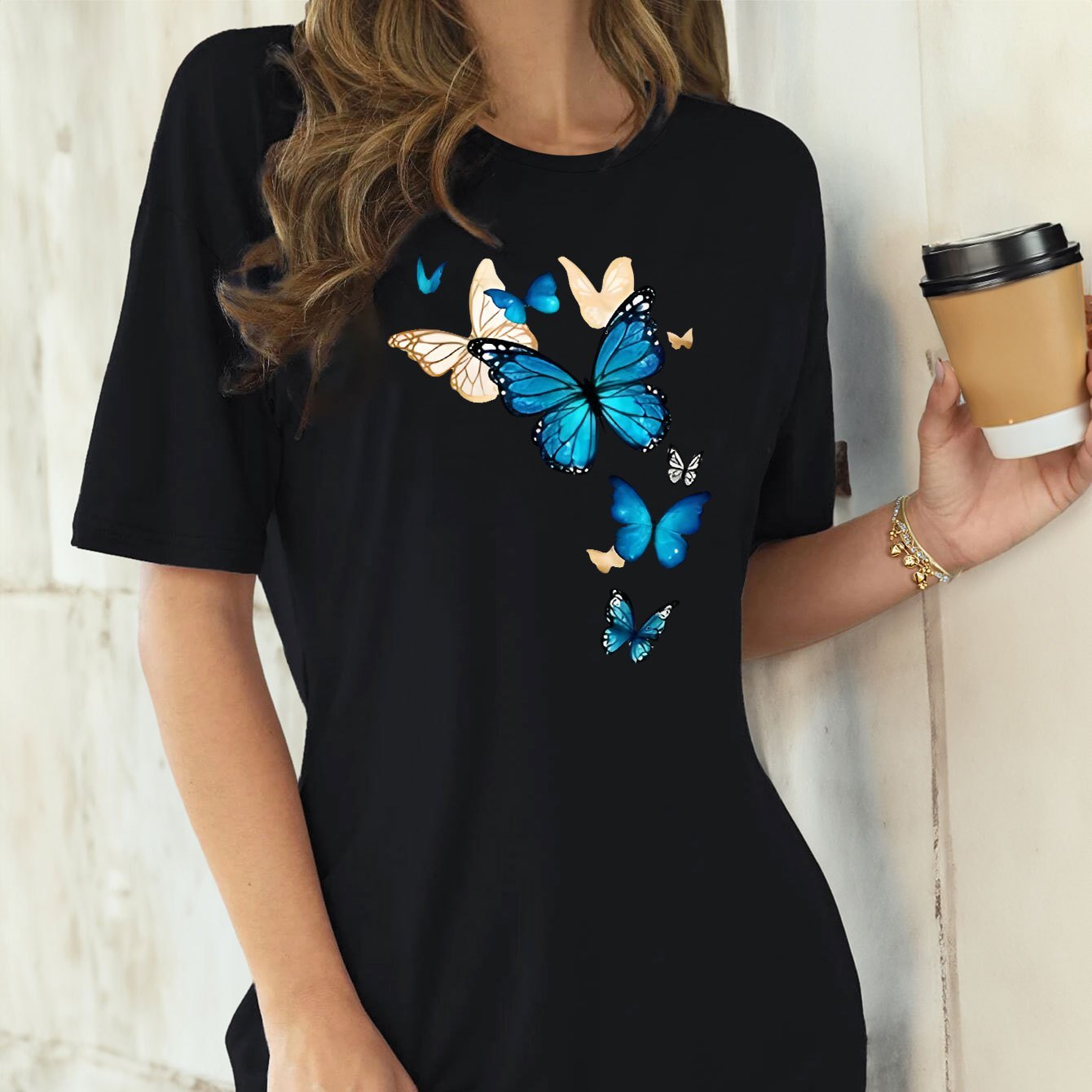 

Butterfly Print T-shirt Dress, Short Sleeve Crew Neck Casual Dress, Women's Clothing