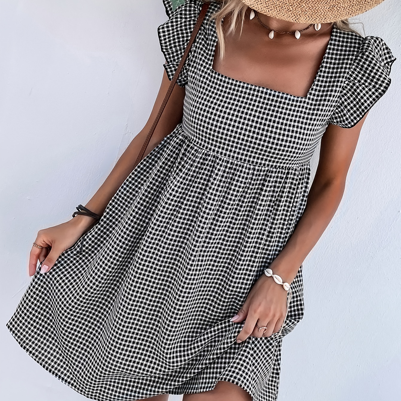 

Plaid Print Square Neck Dress, Casual Ruffle Sleeve Dress For Spring & Summer, Women's Clothing