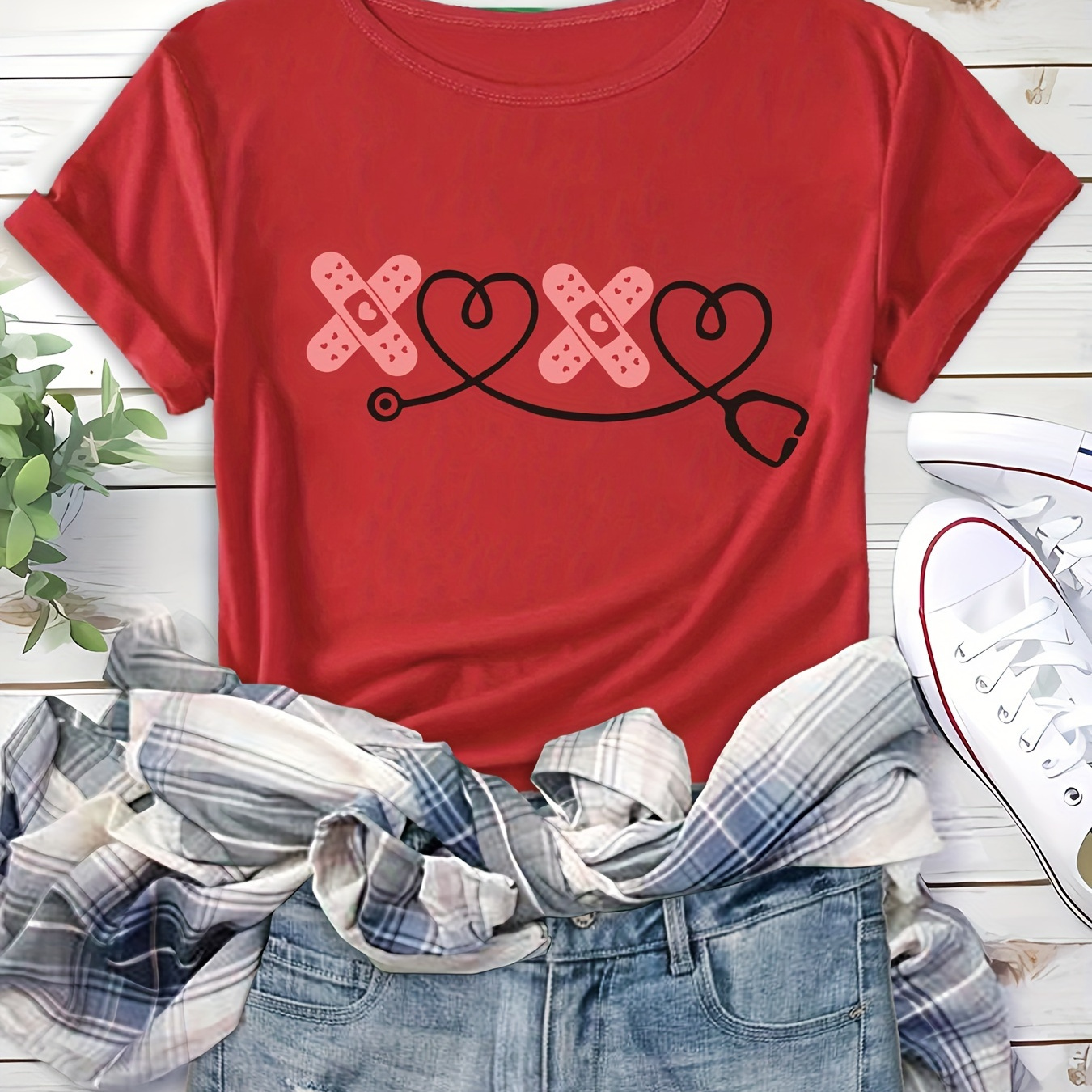 

Valentine's Day Heart Graphic Crew Neck Causal Sports Top, Short Sleeves Workout T-shirt, Women's Activewear