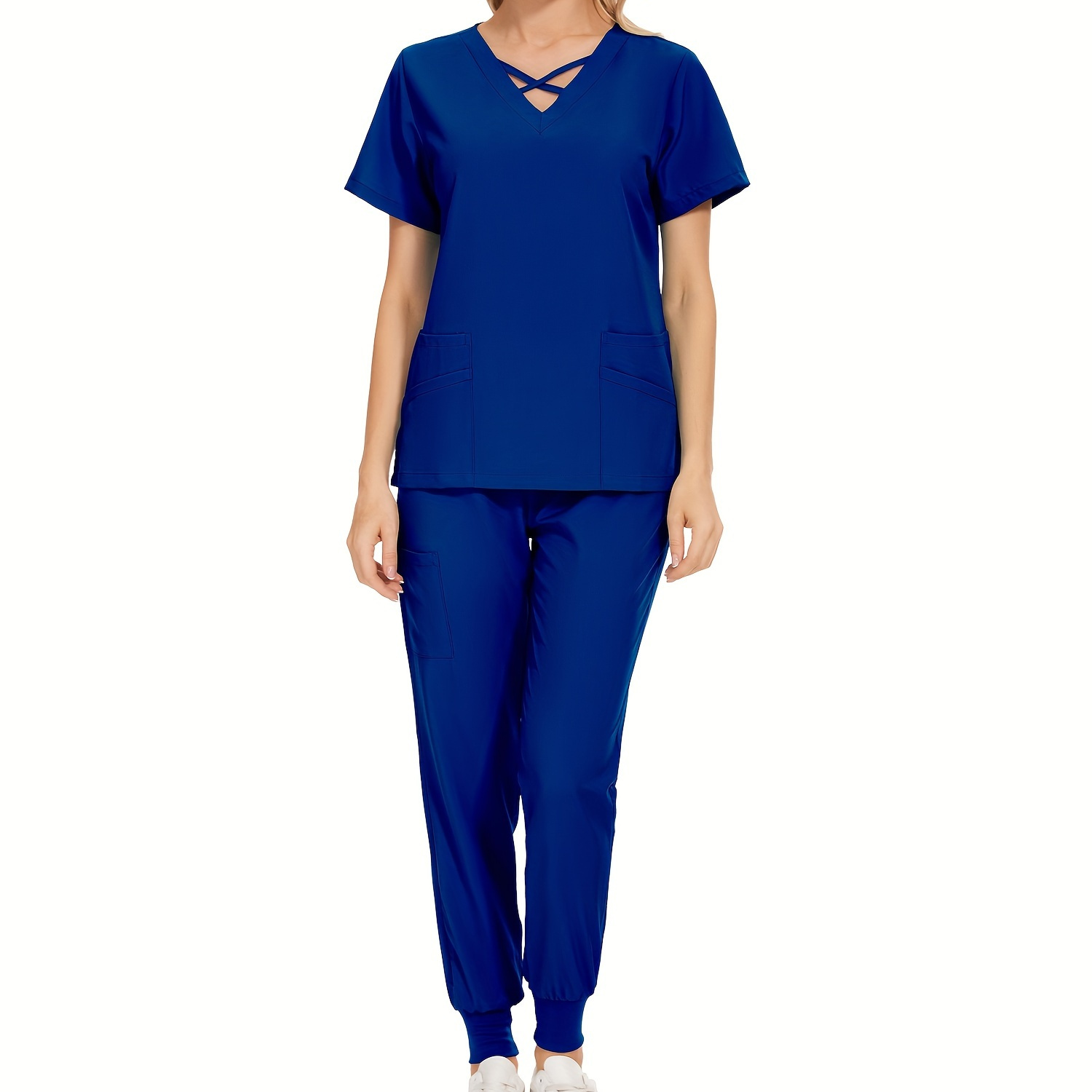 TEMU Medical Care Solid Color Two-piece Scrub Set, Casual Pocket Short Sleeve Scrub Top & Pants Outfits, Women's Clothing