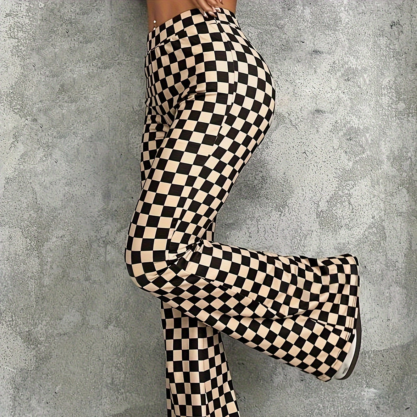 

Checkered Grid Flare Leg Pants, Elegant High Waist Pants For , Women's Clothing