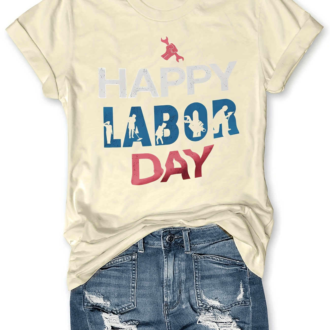 

Happy Labor Day Print T-shirt, Short Sleeve Crew Neck Casual Top For Summer & Spring, Women's Clothing