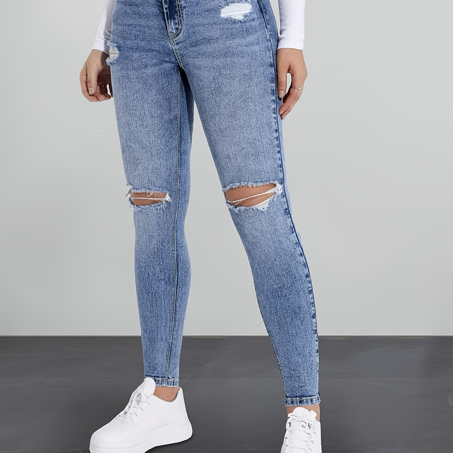 

Elegant High- Jeans For Women - Tight Fit, Long Length, Solid Color, Woven Fabric With Stretch, Button Detail, Comfort