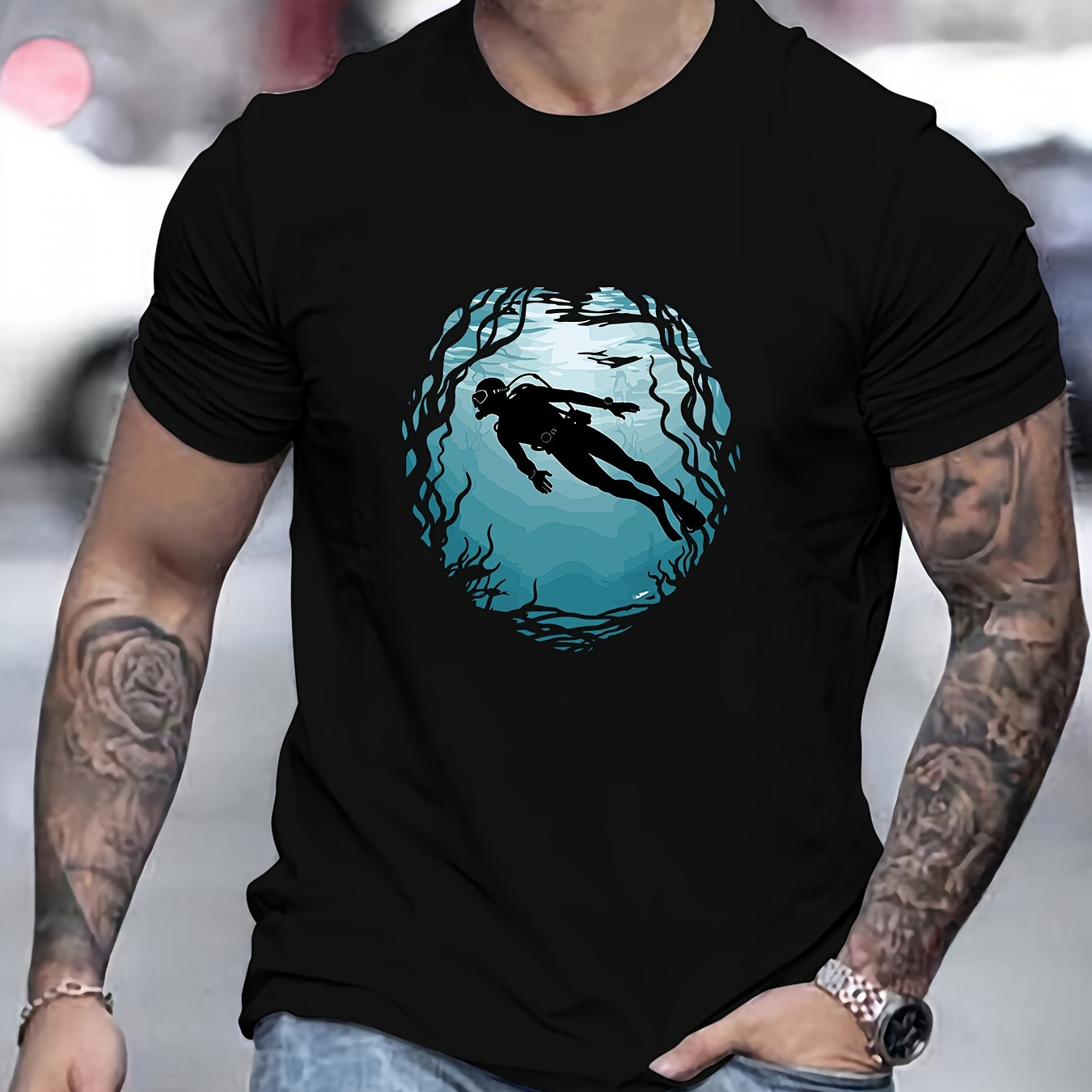 

Diver Print, Men's Round Crew Neck Short Sleeve, Simple Style Tee Fashion Regular Fit T-shirt, Casual Comfy Top For Spring Summer Holiday Leisure Vacation Men's Clothing As Gift