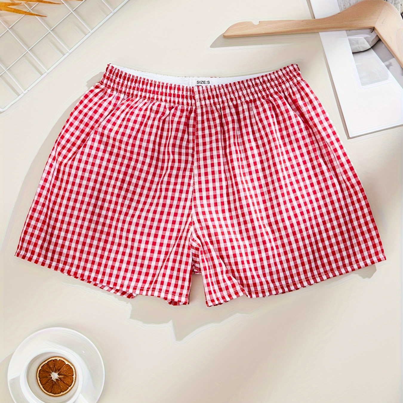 

Casual Plaid Print Lounge Bottoms, Elastic High Waist Breathable Shorts, Women's Sleepwear & Loungewear