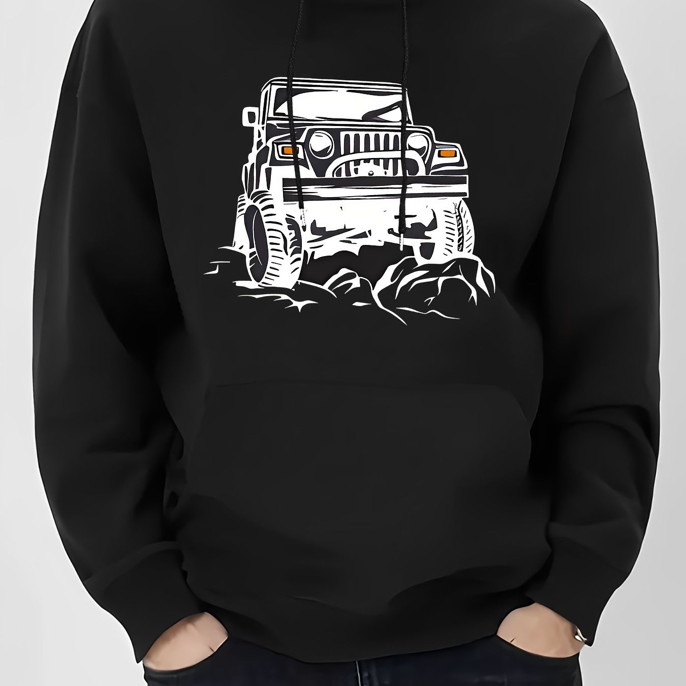 

Men's Off-road Vehicle Print Hoodie - Casual & Stylish Drawstring Pullover With Kangaroo Pocket, Polyester Blend, Perfect For Fall/winter