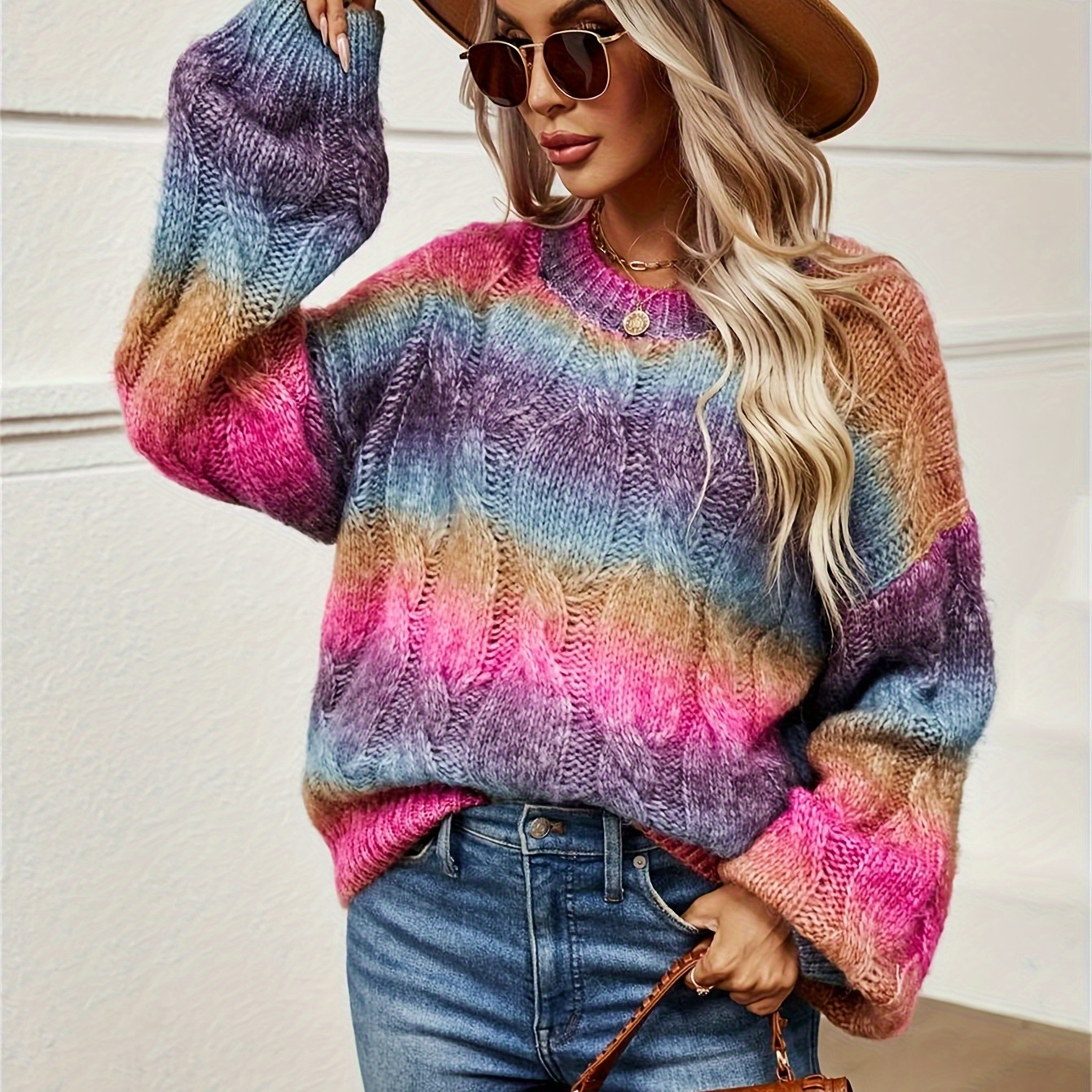 

Women's Elegant Ombre Drop Shoulder Ribbed Knit Sweater - Cozy , Long Sleeve, Round Neck, Fall/, Winter Staple|relaxed Fit Sweater|stylish , Cute Sweaters