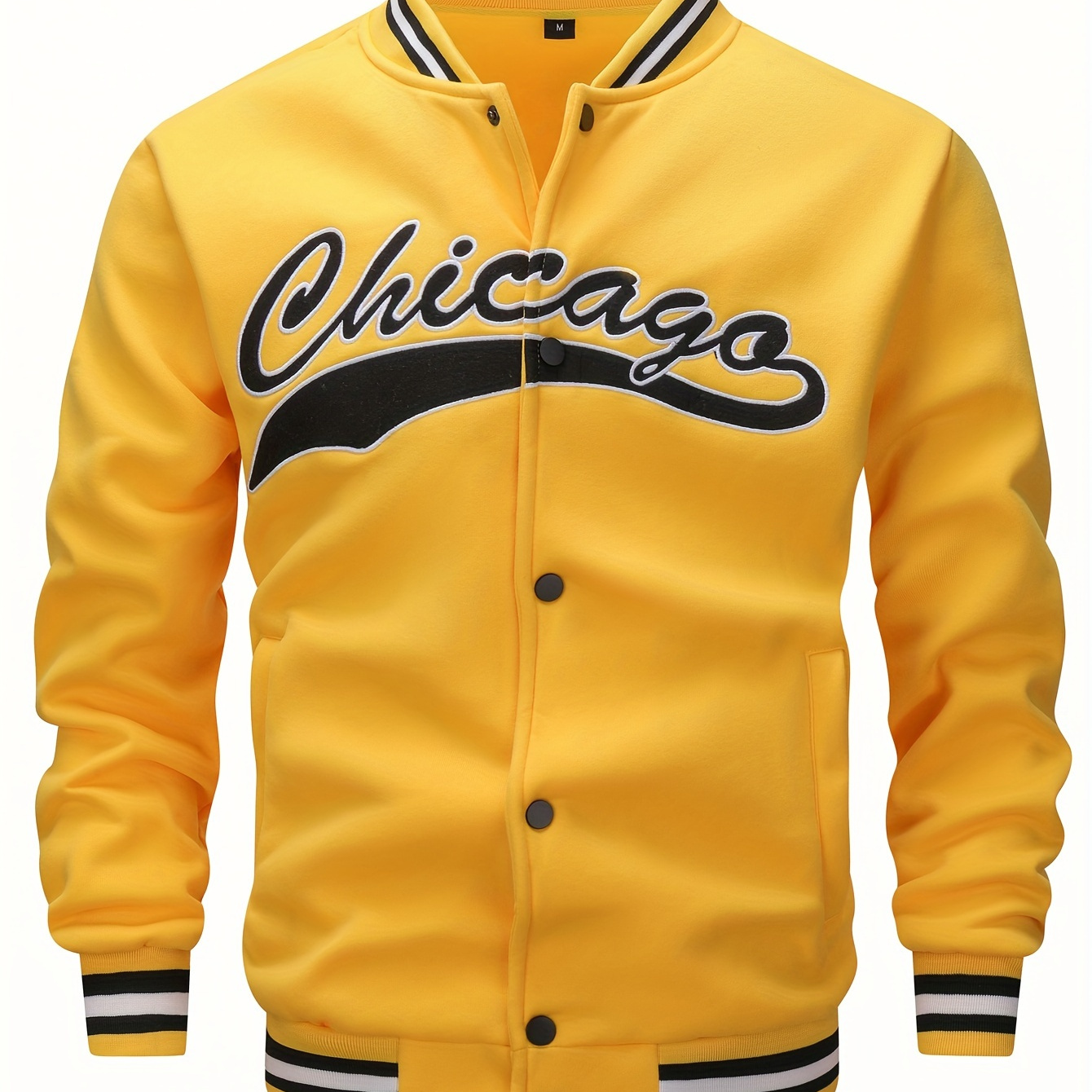 

Men's 'chicago' Calligraphy Embroidery Baseball Jacket, Casual Stylish Long Sleeve Buttons Coat Outdoor Clothes