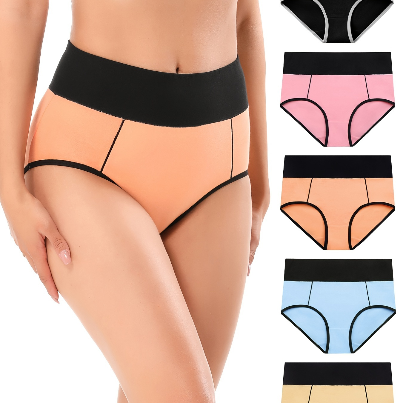 5 Pack Plus Size Sporty Panties Set, Women's Plus Contrast Trim High Waisted Soft & Comfy Briefs Five Piece Set