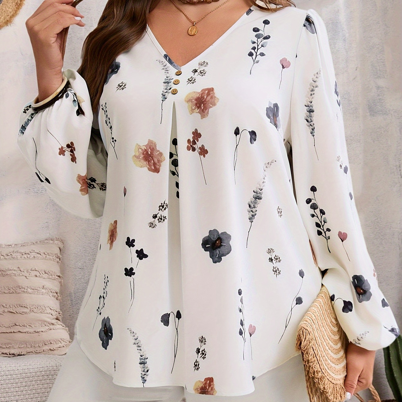 

Plus Size Floral Print Blouse, Elegant V Neck Long Sleeve Blouse For Spring & Fall, Women's Plus Size Clothing, Loose, Lantern Sleeve