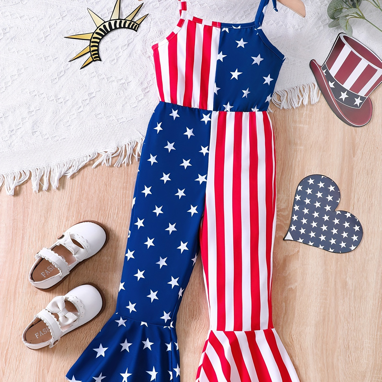 

Casual Splicing Striped Star Graphic Bow Decor Cami Jumpsuit Romper For Girls Summer Independence Day Gift