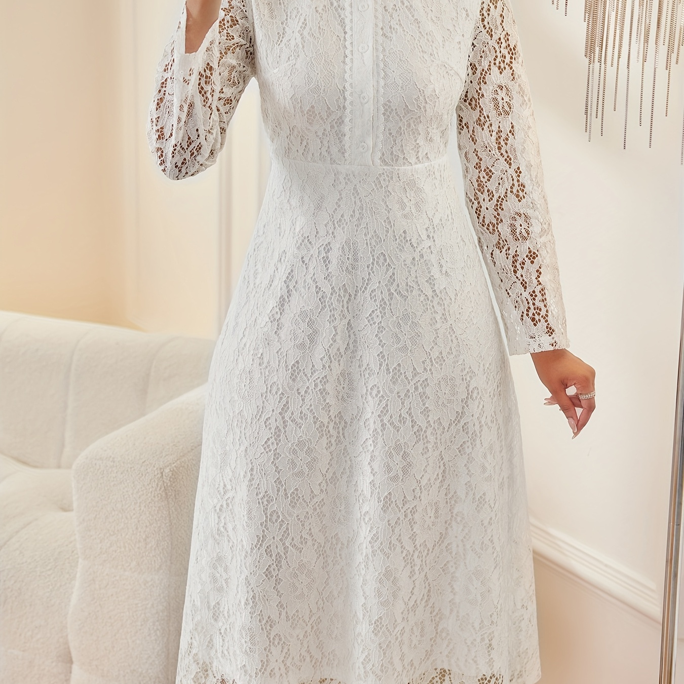 spring autumn womens lace dress elegant hollow lace waist - Temu