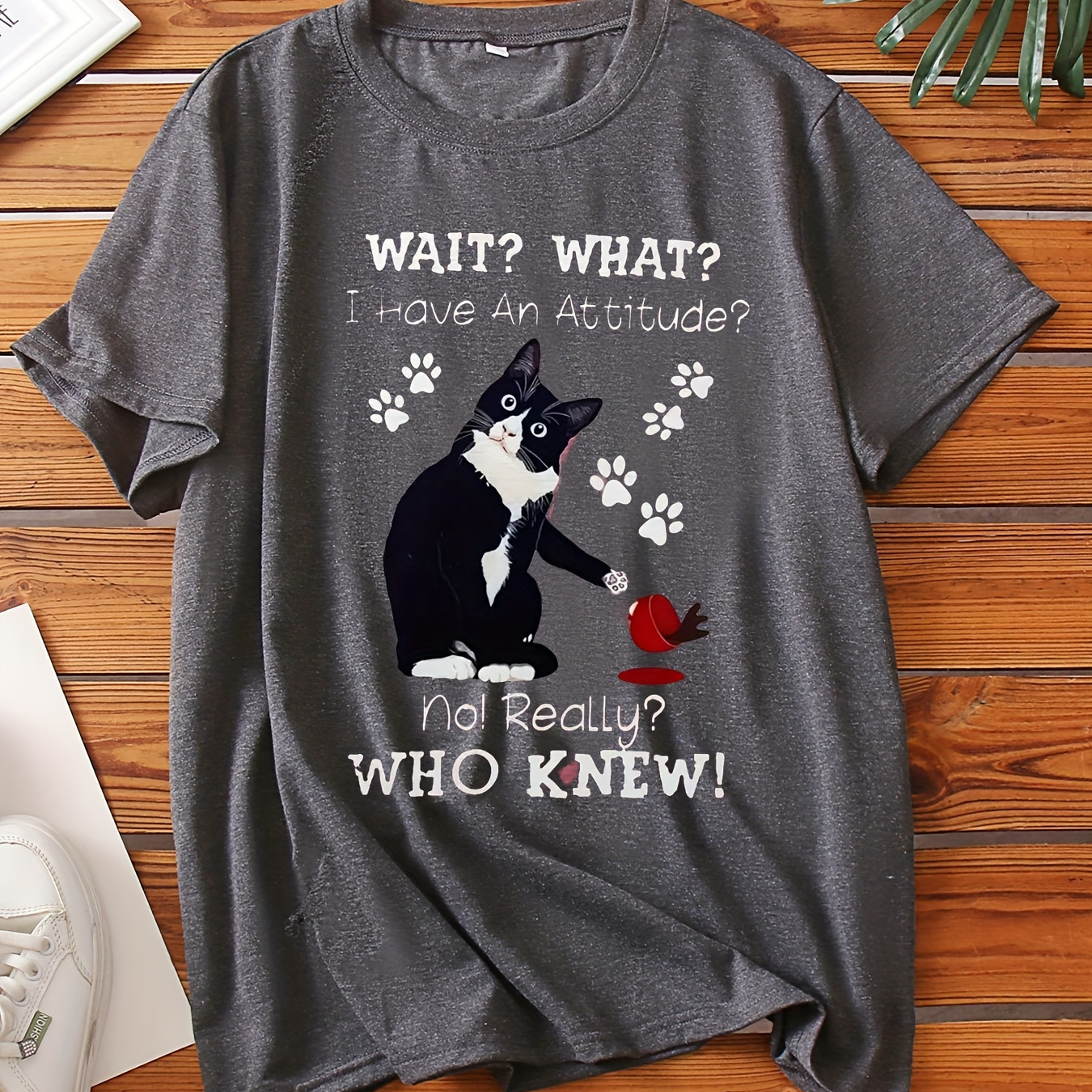 

Women's Plus Size Casual T-shirt With Cat Print And Humorous Text, Polyester Knit Fabric, Round Neck, Short Sleeve, Comfort - 1-8x