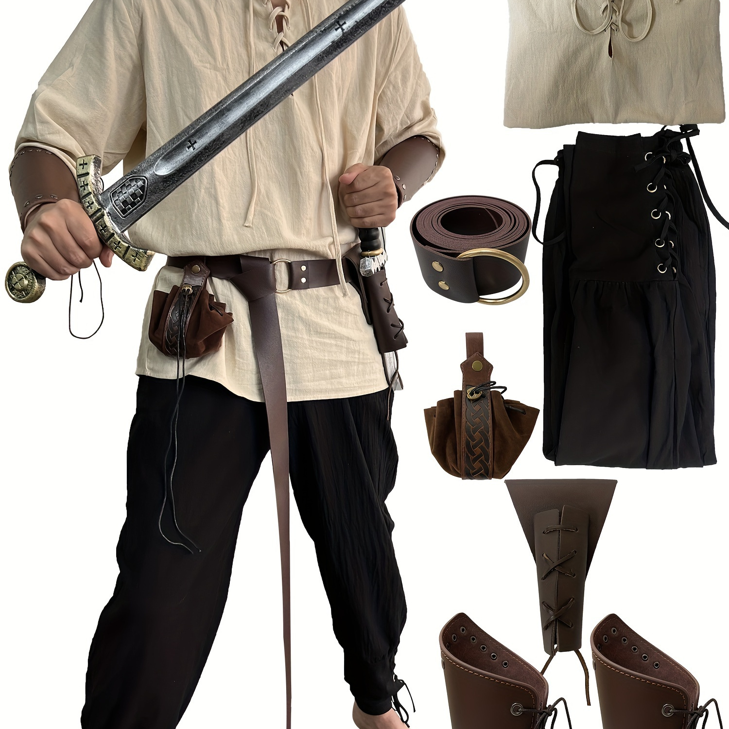 

7pcs/set Renaissance Costume Men Medieval Viking Costume Men Renaissance Accessories Halloween Costumes For Adults.