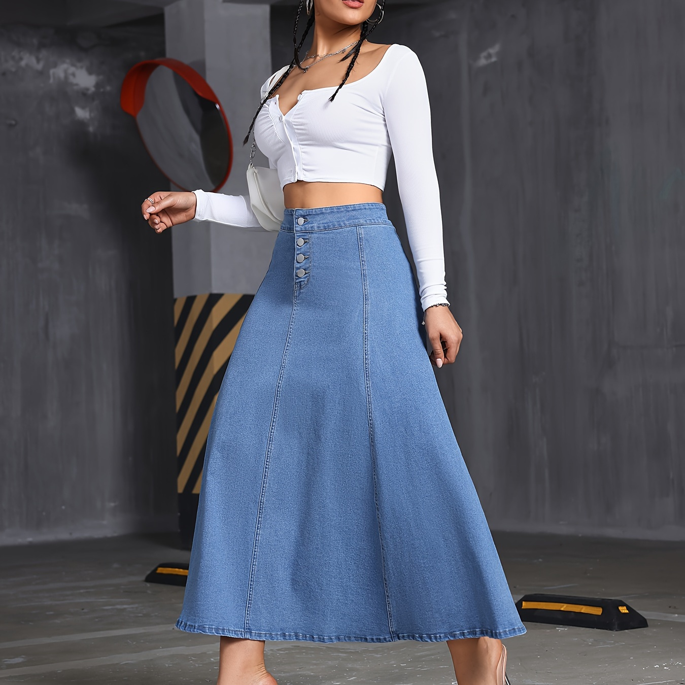 

Single-breasted Plain Washed Blue Loose Fit Maxi Denim Skirt, Women's Denim Jeans & Clothing