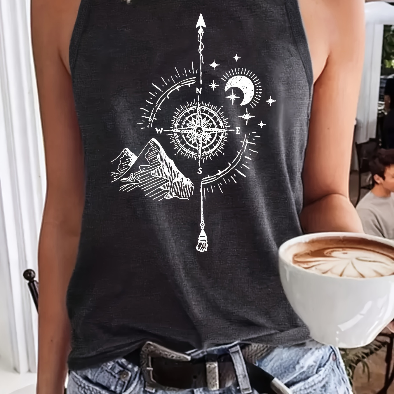 

Compass Print Crew Neck Tank Top, Casual Sleeveless Tank Top For Summer, Women's Clothing
