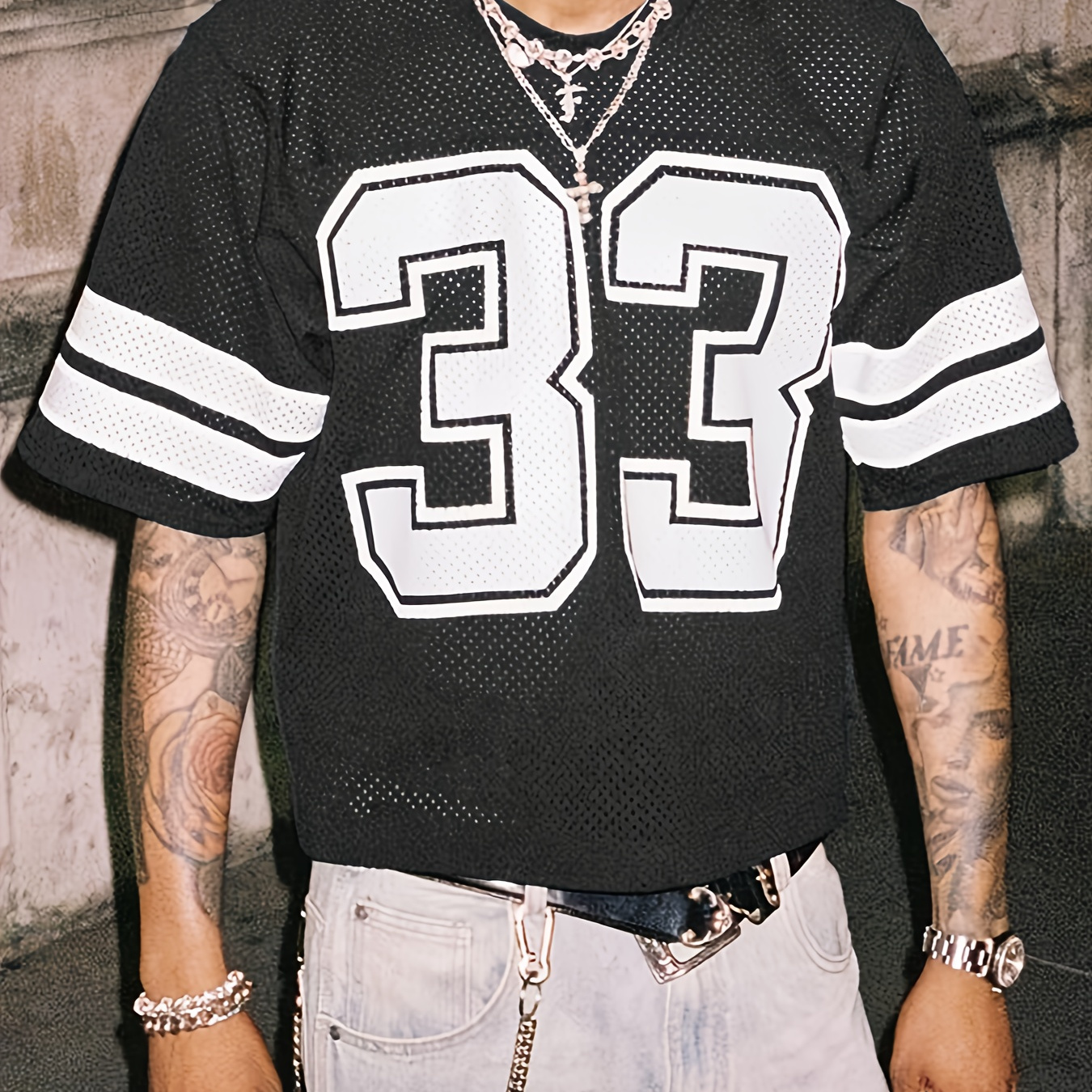 [Men's Summer Baseball Jersey] Lightweight Polyester Men's Summer Baseball Jersey T-Shirt | Loose Fit, Casual Sporty Mesh Print Top with "33" Design, Black & White Striped Sleeves, for Outdoor Activities
