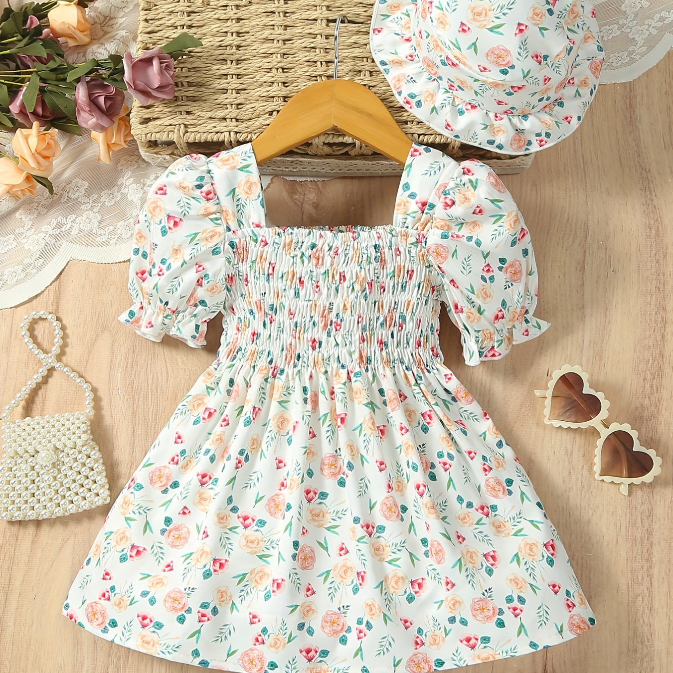 

Cute Dress, Girls Ruffle Trim Shirred Puffy Floral Dress, Perfect For Toddler Baby Summer Clothes