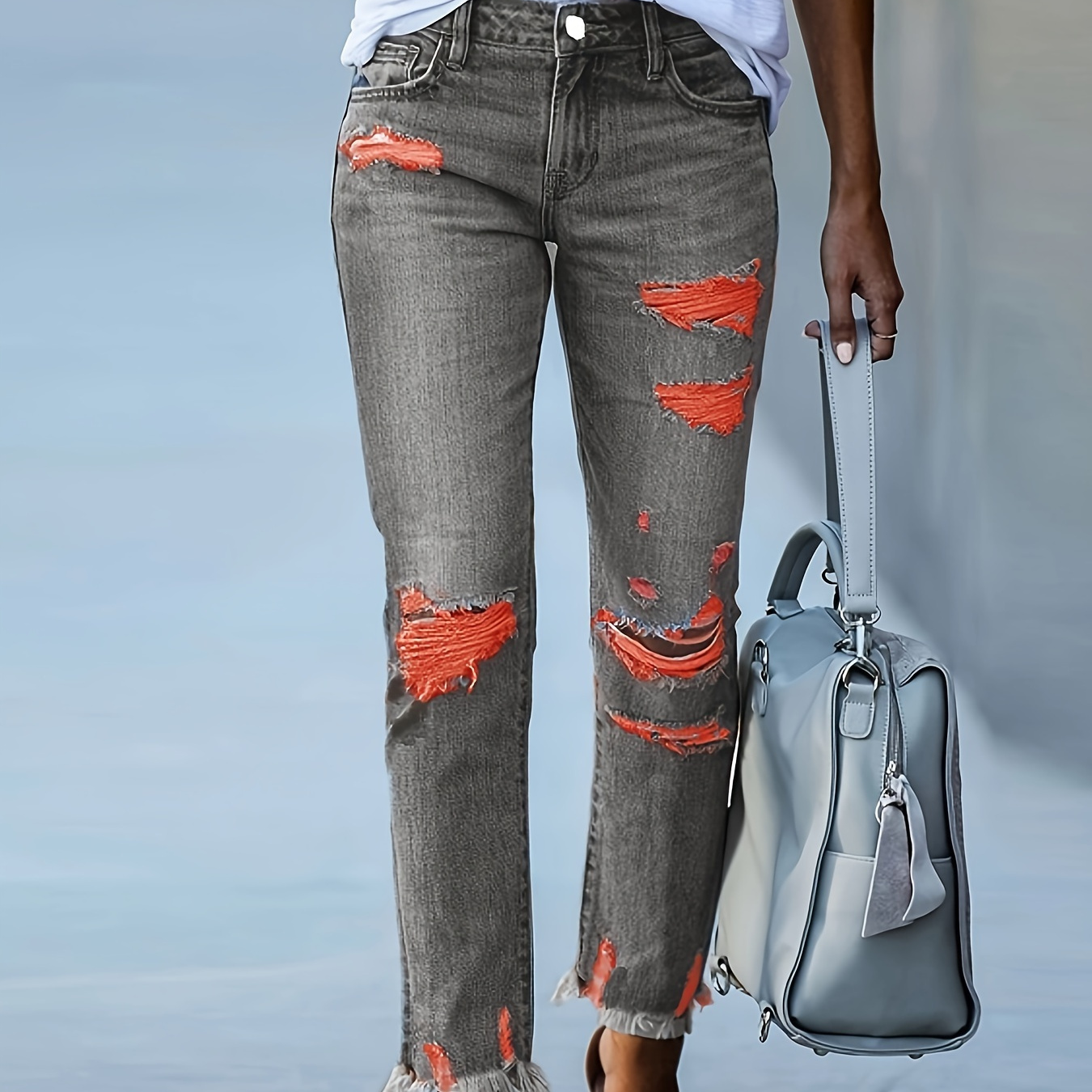 

Orange Detail Ripped Raw Hem Distressed Washed Grey Stretchy Denim Pants, Women's Denim Jeans & Clothing