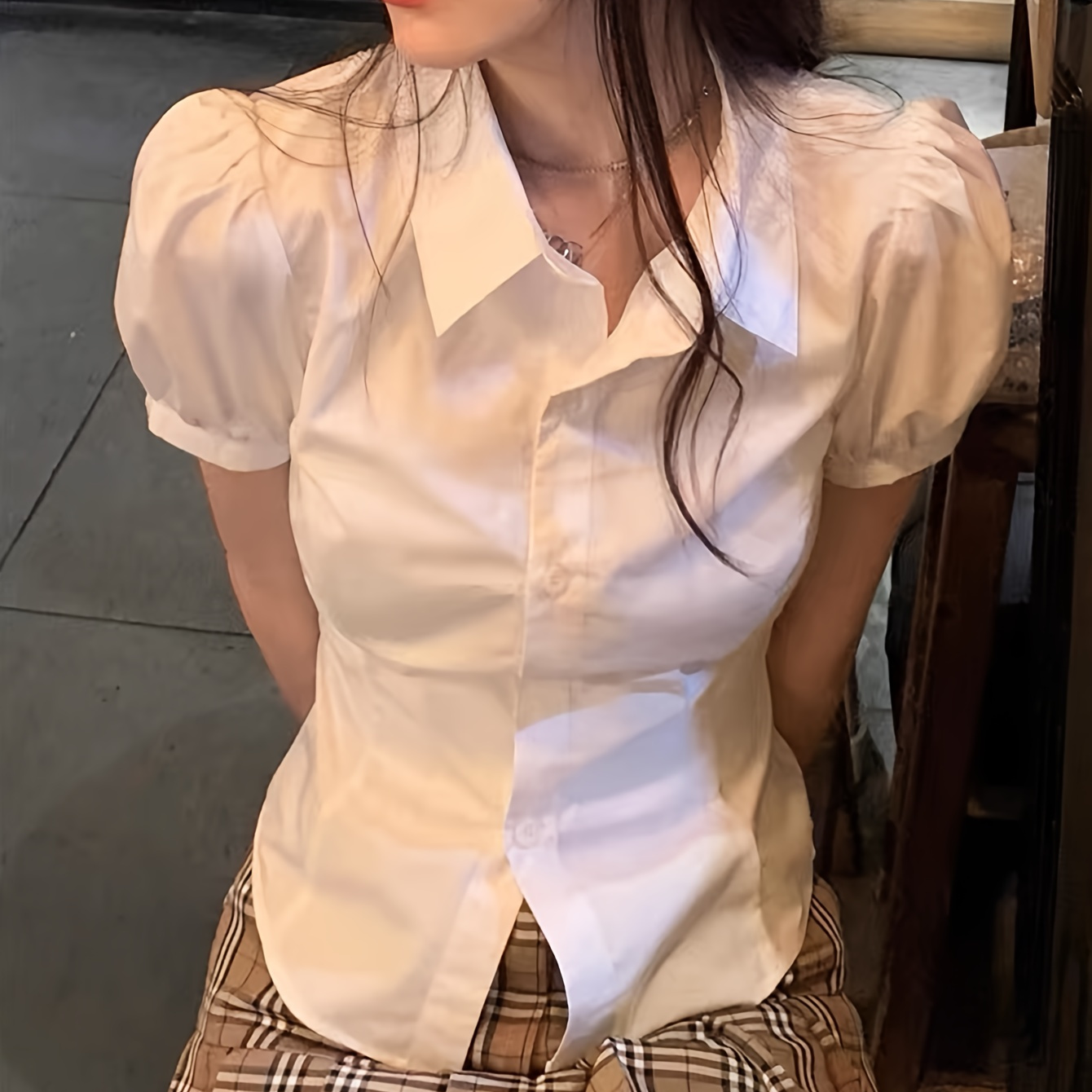 

Preppy Style Solid Color Button Up Shirt, Casual Short Sleeve Tie Back Slim Shirt For Spring & Summer, Women's Clothing