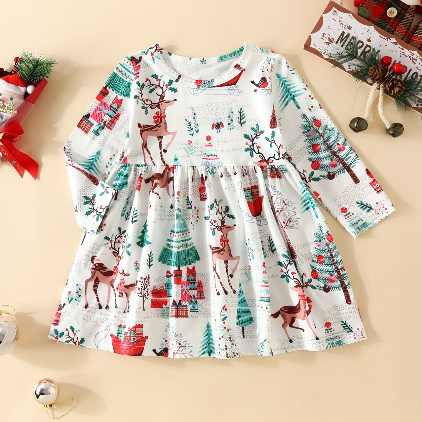 Baby's Cute Cartoon Graphic Long Sleeve Pleated Dress For Christmas Thanksgiving