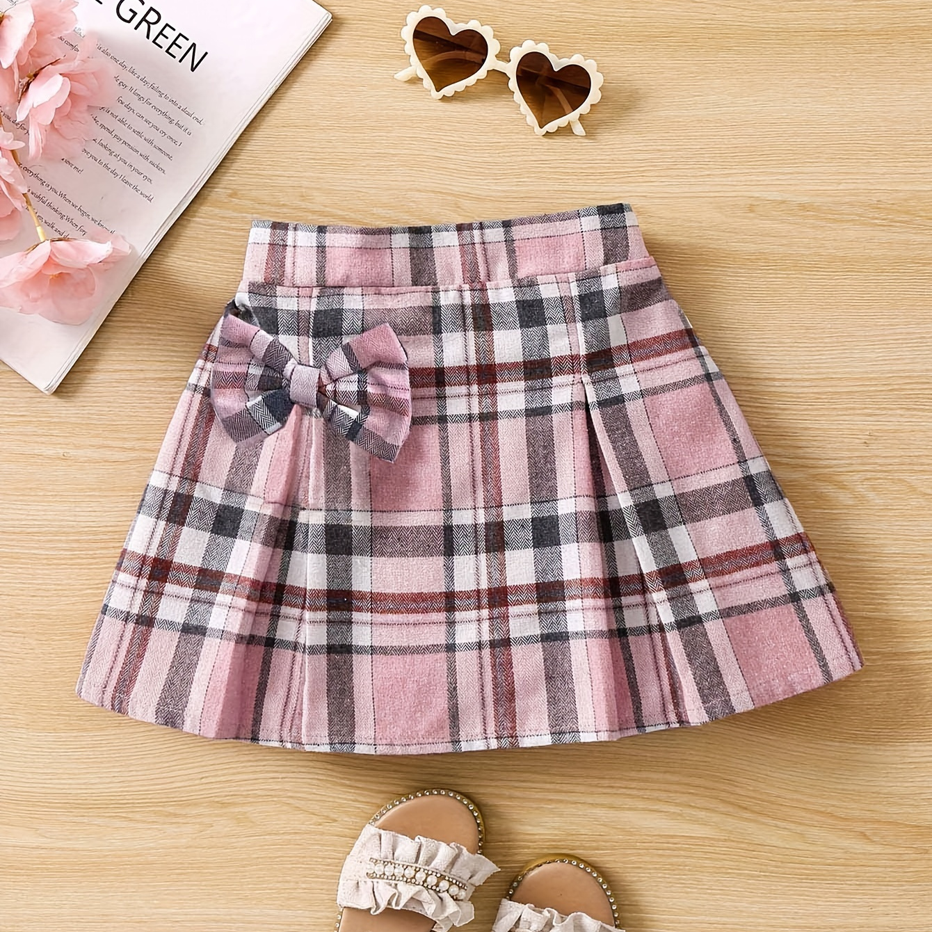 

1-8y Girl's Two-tone Plaid Skirt With Bow Decor, A-line Preppy Short Skirt For Everyday School