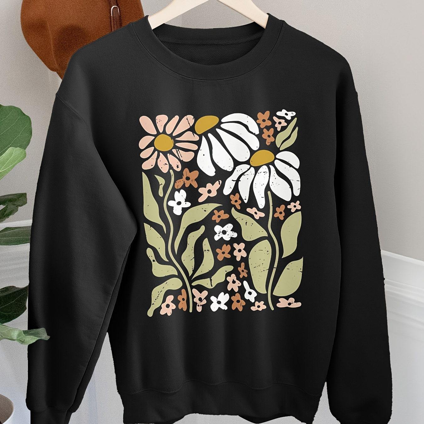 

Vintage Flowers Sweatshirt, Crew Neck Casual Sweatshirt For Fall & Spring, Women's Clothing