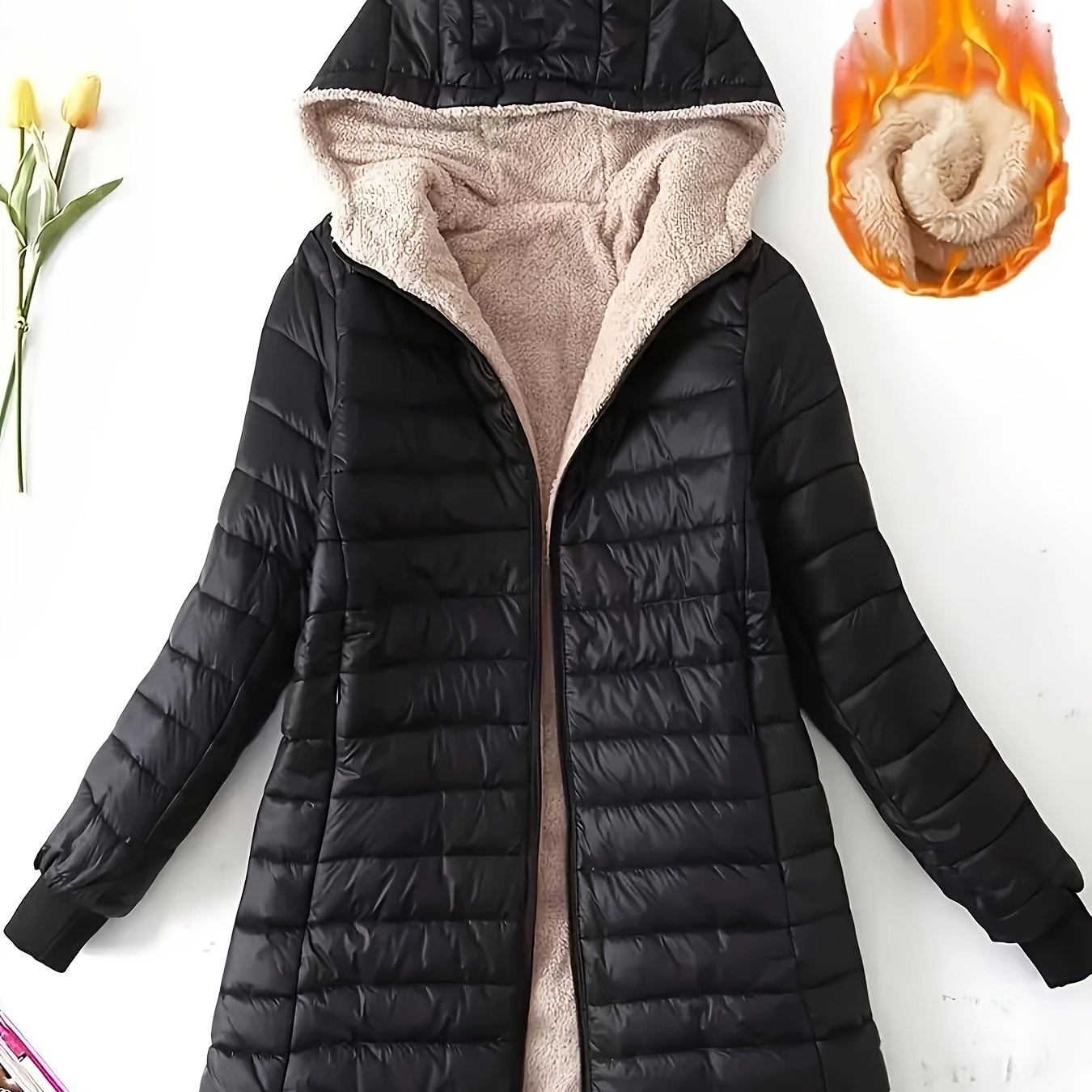 

Women's Mid-length Hooded Puffer Jacket - Warm Fleece-lined Winter Coat With Zipper Closure, Black, Long Sleeve, Elegant Style, Polyester Material, Machine Washable, Winter Jacket