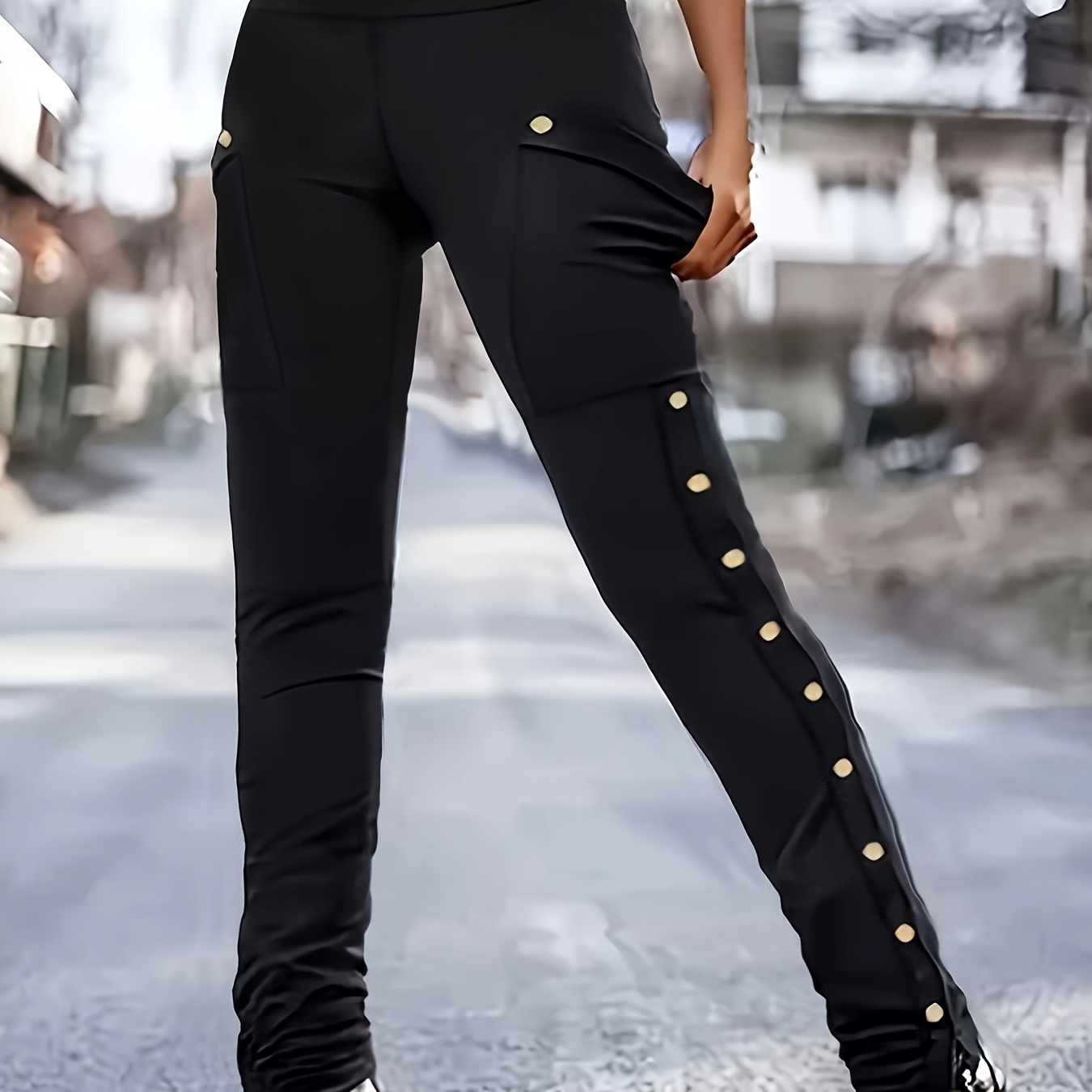 

1pc Pantalon skinny décontracté pour femmes avec boutons latéraux - Tissu tricoté en polyester, pantalon pour adultes toutes