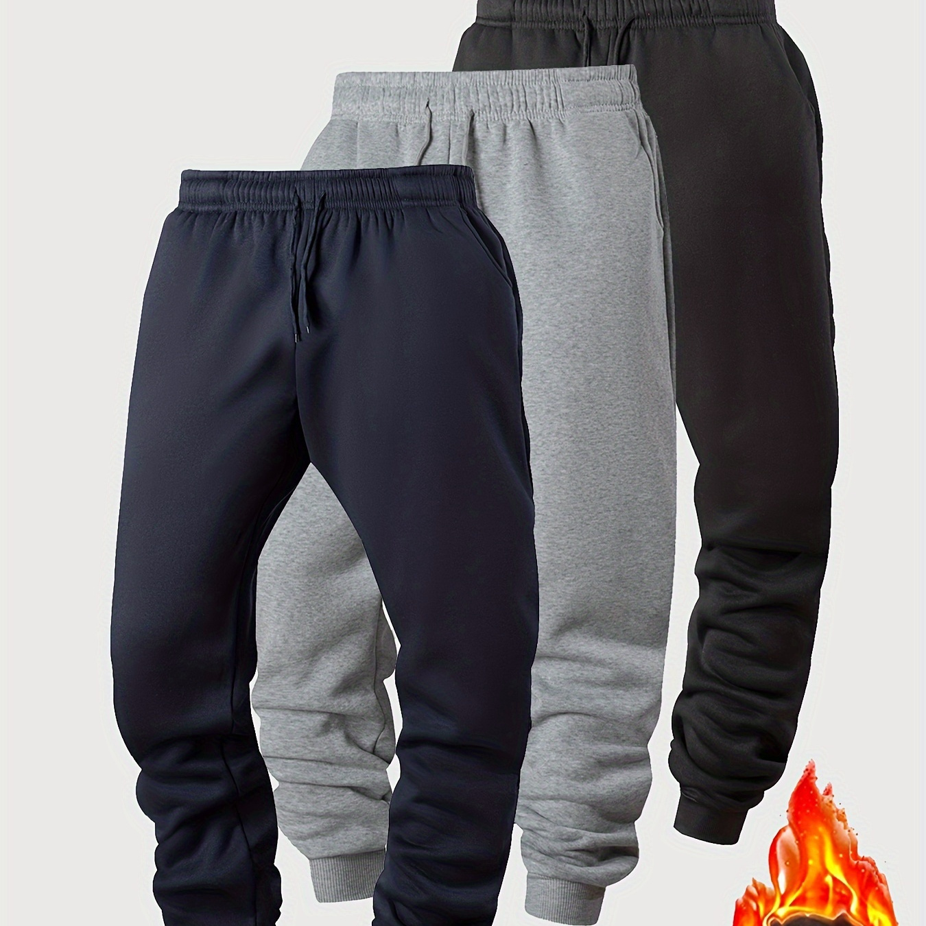 

3pcs Men's Fleece-lined Joggers - Warm, Stretchy Casual Sweatpants For Fall & Winter | Ideal For Gym, Running & Outdoor Activities