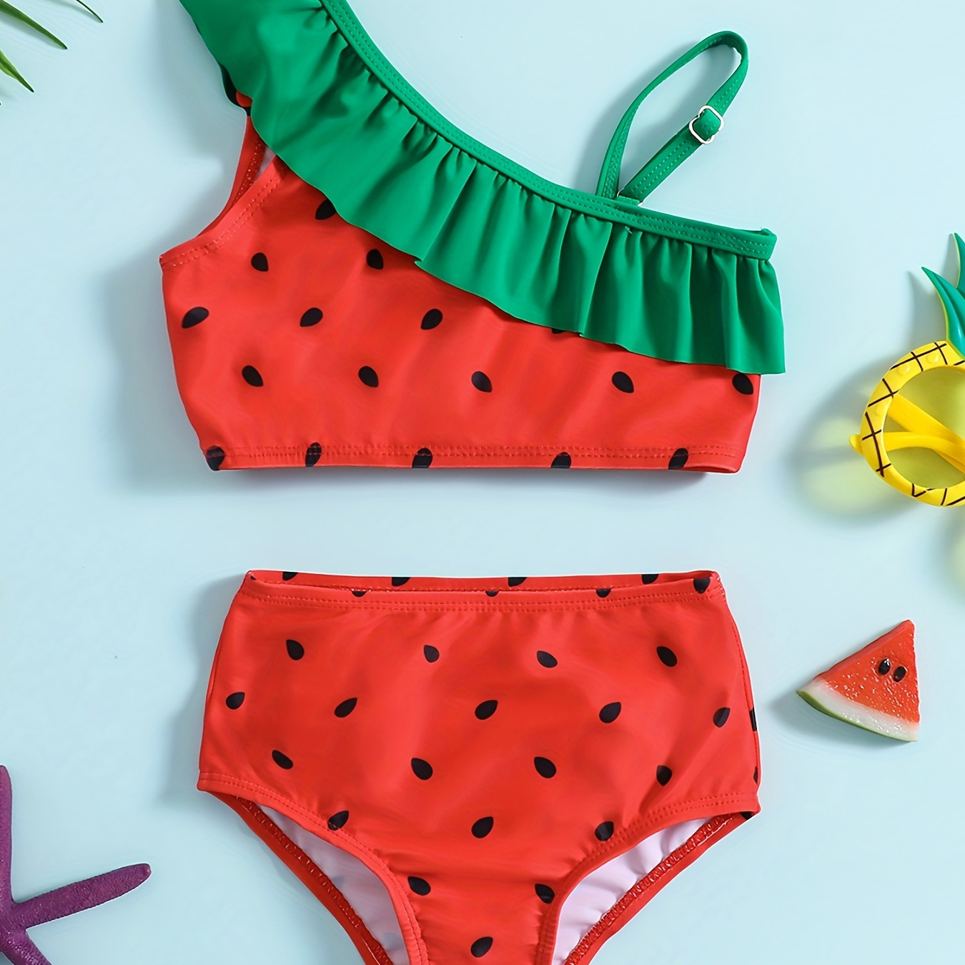 

2pcs Girls Watermelon & Strawberry Ruffled Trim Cami Top &stretchy Shorts Bikini Tankini Swimsuit Set Kids Summer Beach Clothes Bathing Suits