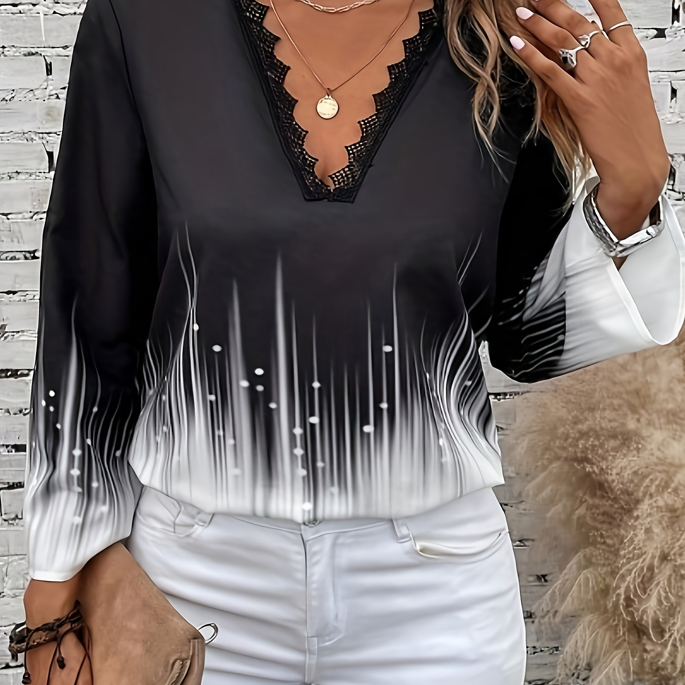 

Lace Trim V Neck Blouse, Casual Long Sleeve Blouse For Spring & Fall, Women's Clothing