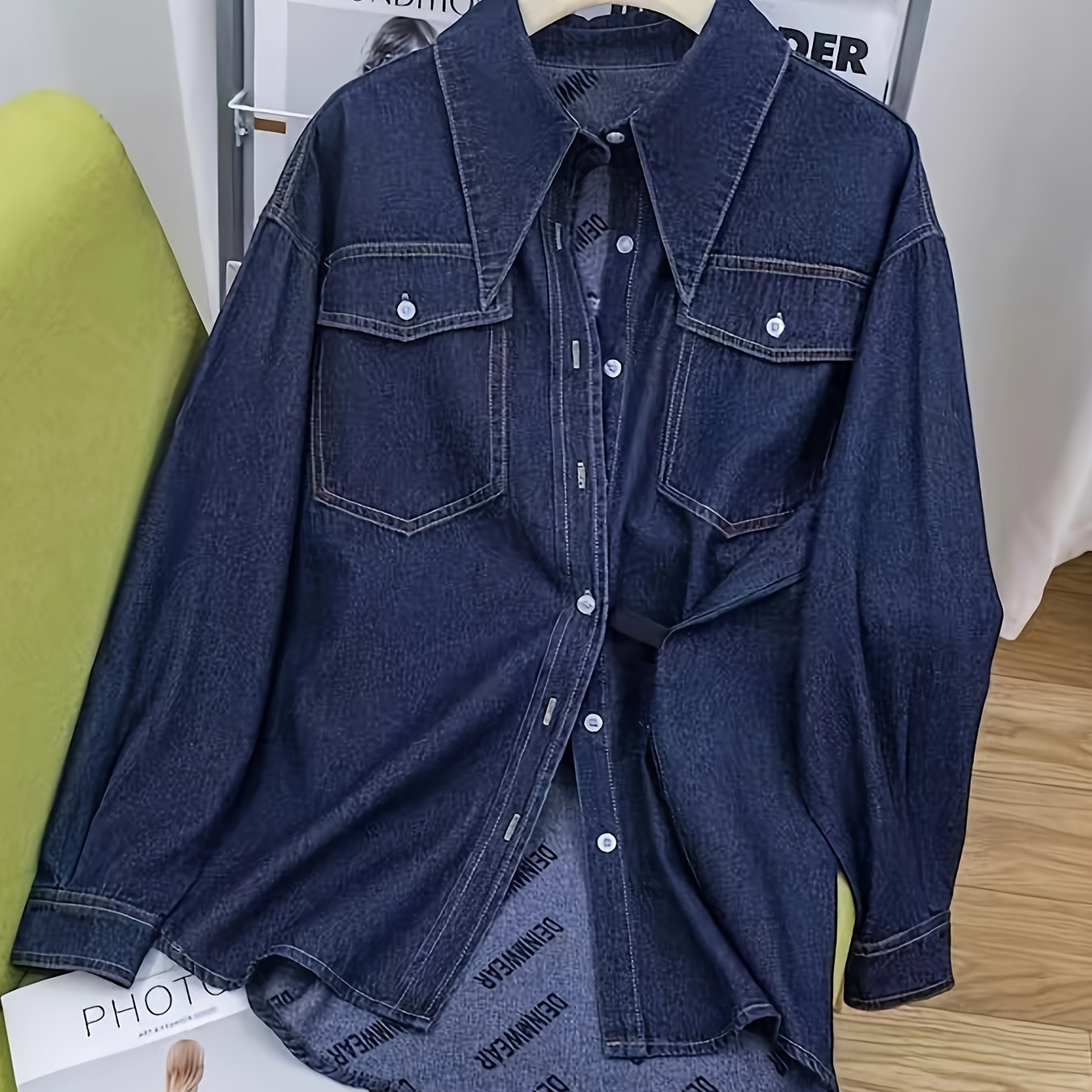 

Chemise En Denim Boutonnée À Revers Sur Le Devant, Hauts En Denim Amples À Manches Longues Avec Poche À Rabat, Vêtements En Denim Pour Femmes