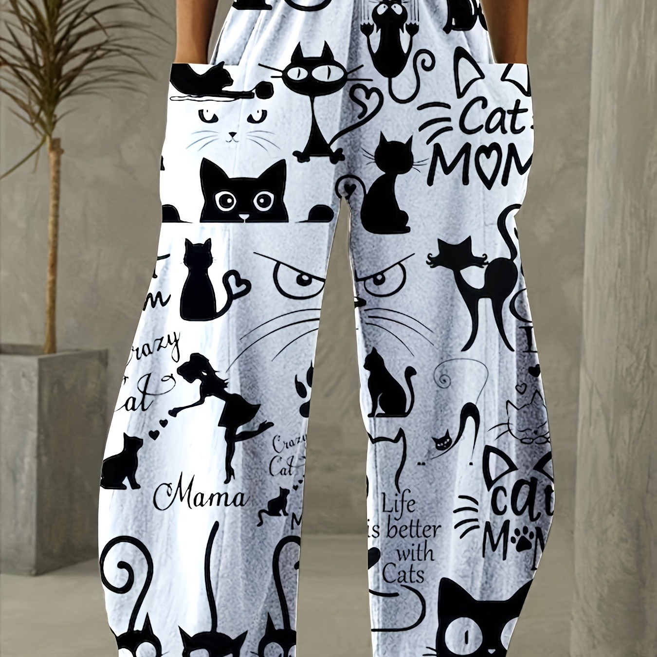 

Plus Size Cat Print Baggy Pants, Casual Elastic Waist Pants For Spring & Fall, Women's Plus Size Clothing