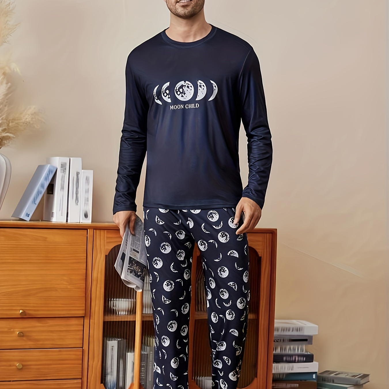 

Men's Cozy Print Pajama Set - Long Sleeve Crew Neck Top & Pants, Soft Polyester , Machine Washable - Fall/winter, Double, Autumn