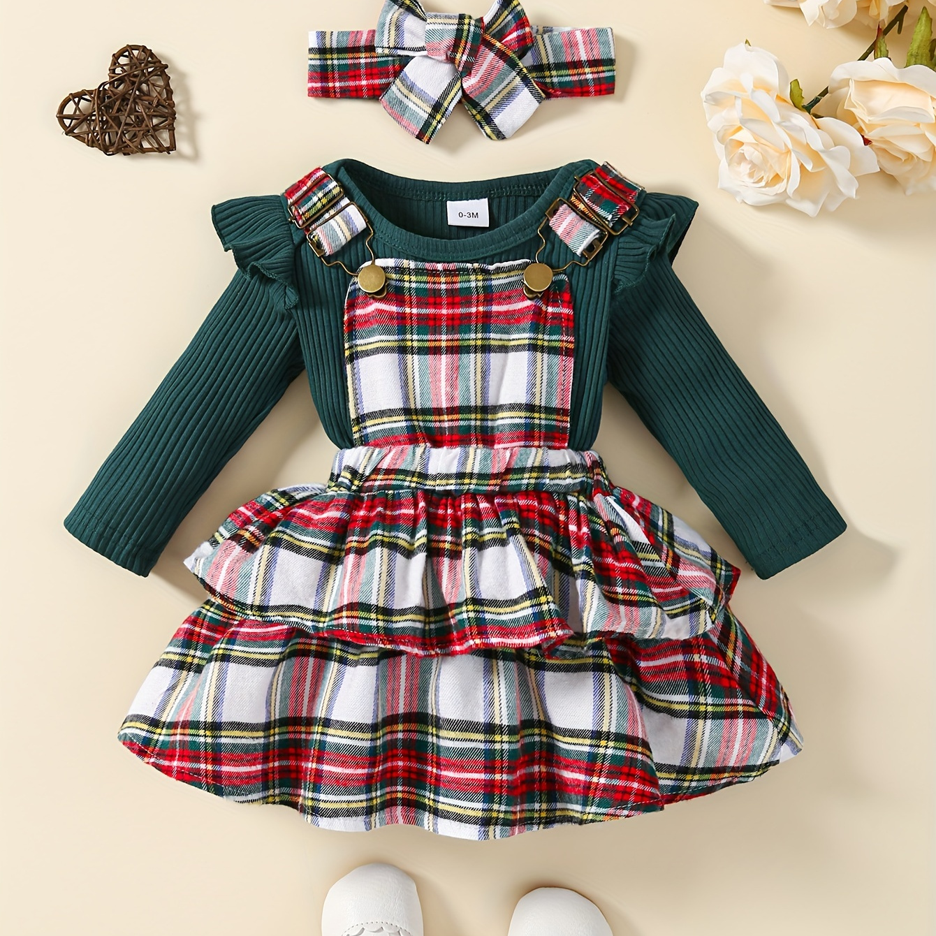 

2pcs 's Pattern Suspender + Bodysuit + Hairband, Toddler & Infant Girl's Clothing Set For Fall , Cloth