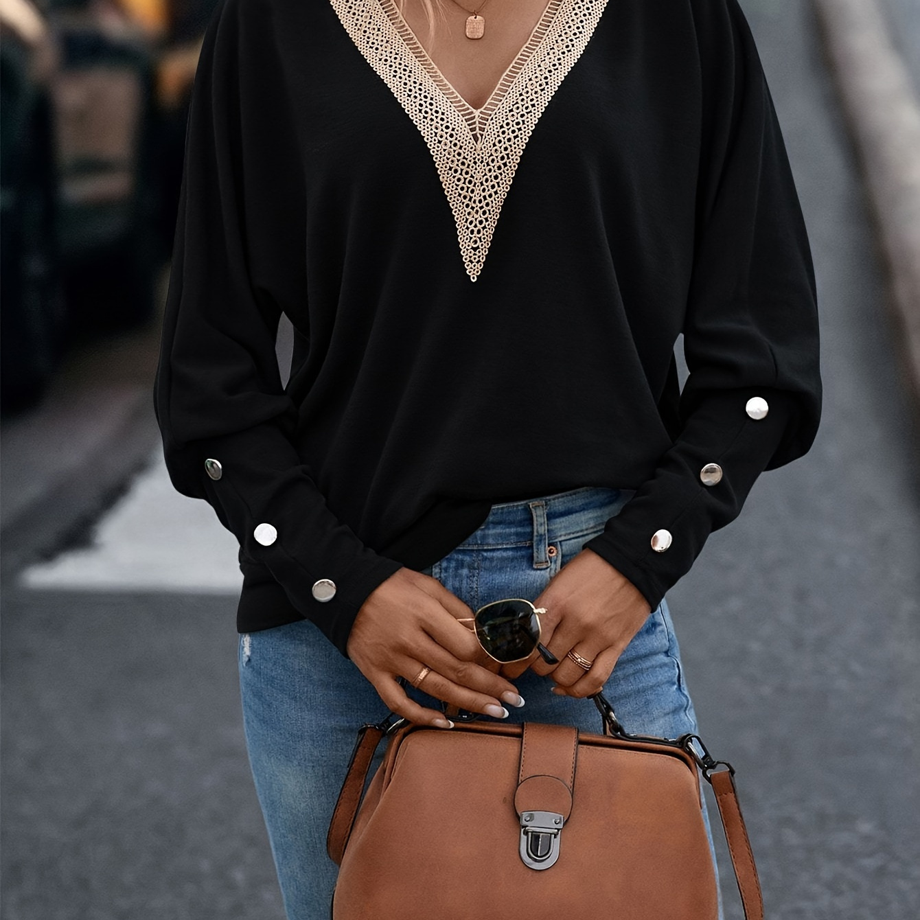 

Haut à col en V avec bordure en dentelle, élégant haut à manches longues pour et , vêtements pour femmes