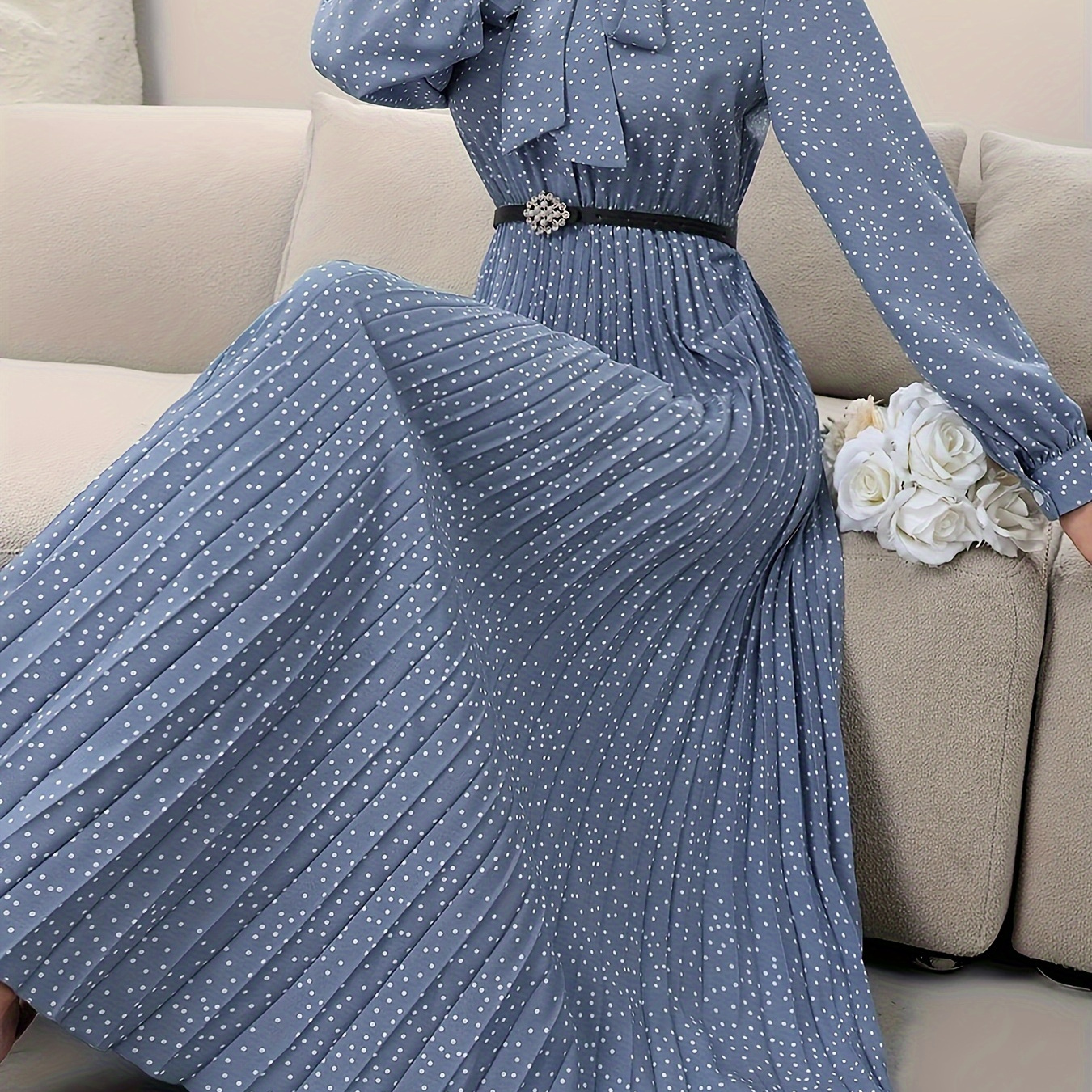 

Women's Elegant Long Sleeve Pleated Dress, All- With Tie-neck And Beltless Design - Polyester, Machine Washable, Spring/fall