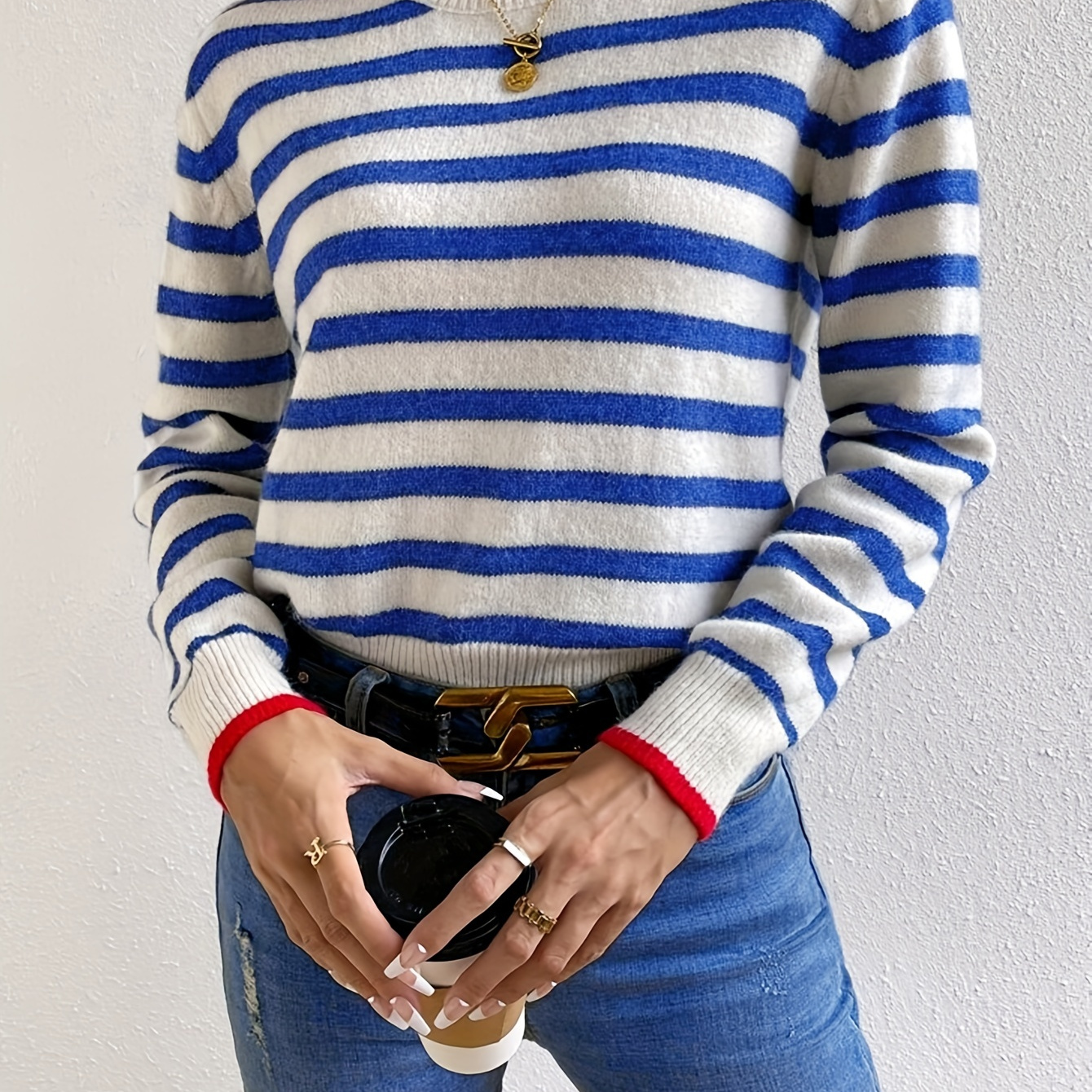 

Striped Crew Neck Sweater, Casual Long Sleeve Drop Shoulder Sweater, Women's Clothing