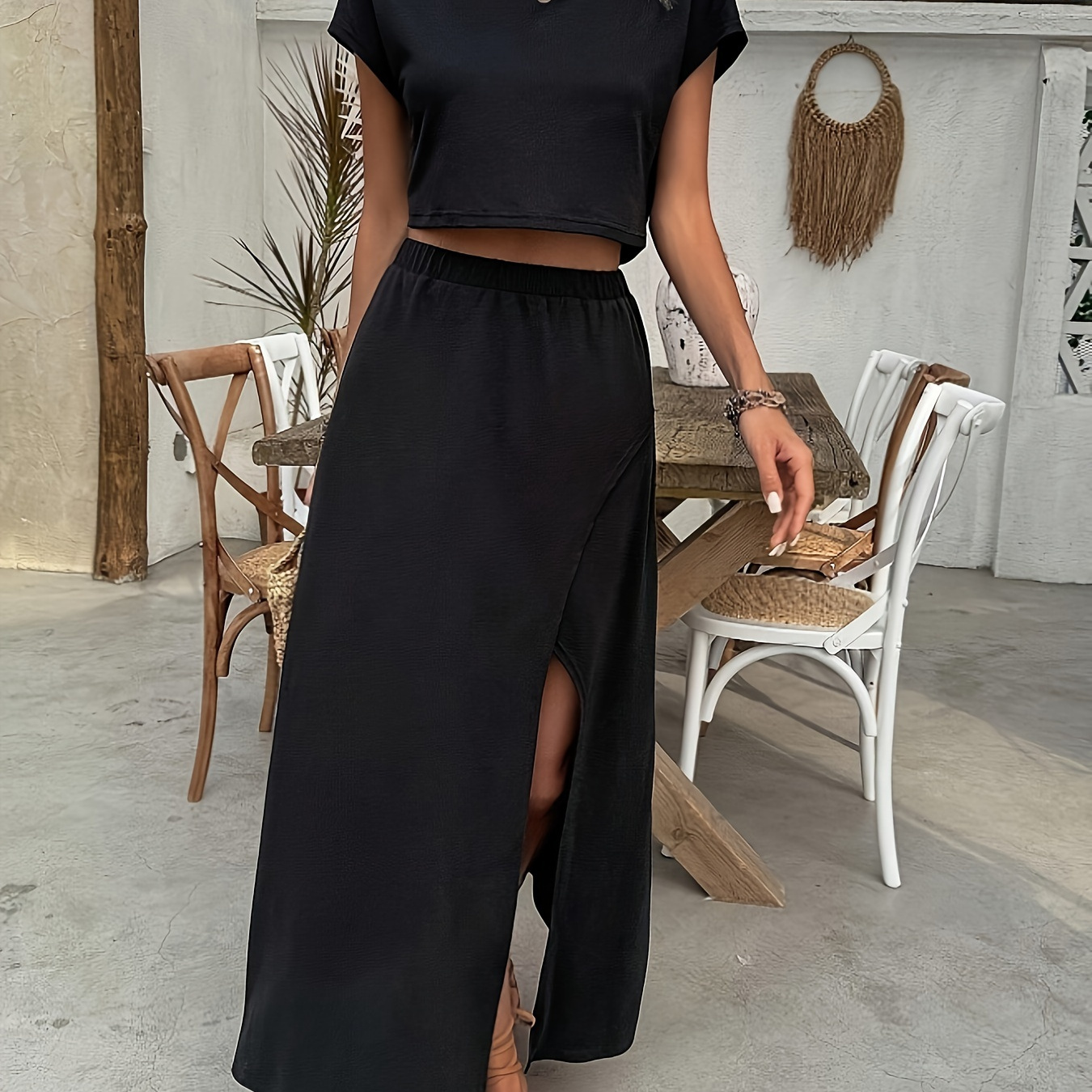 

Elegant Solid Color Two-piece Skirt Set, Batwing Sleeve Crew Neck T-shirt & Ankle Length Elastic Waist Split Skirt Outfits, Women's Clothing