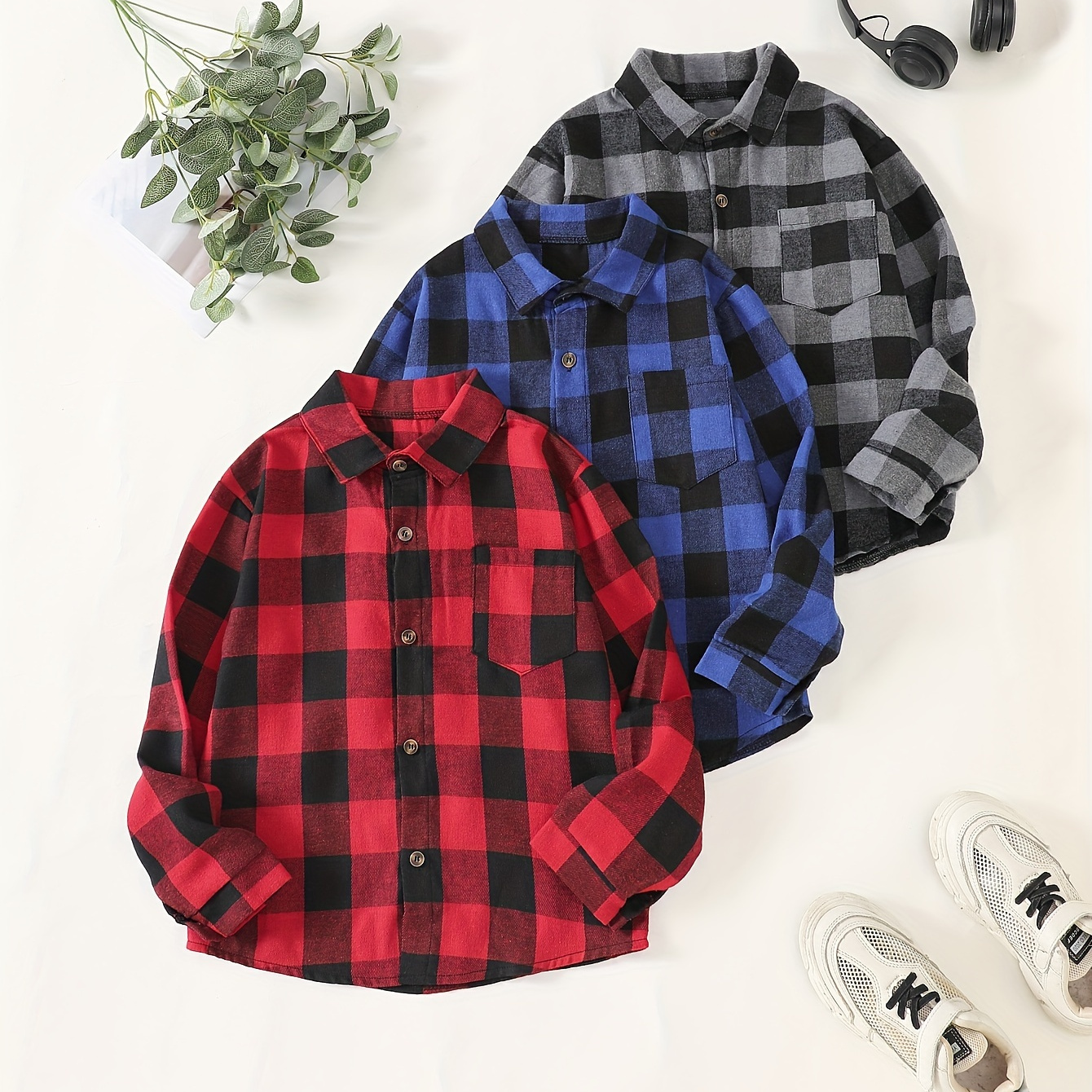 

3pcs Boys Classic Plaid Long Sleeve Button-down Lapel Shirt With Pocket, Casual Comfortable Versatile Top For Spring And Autumn