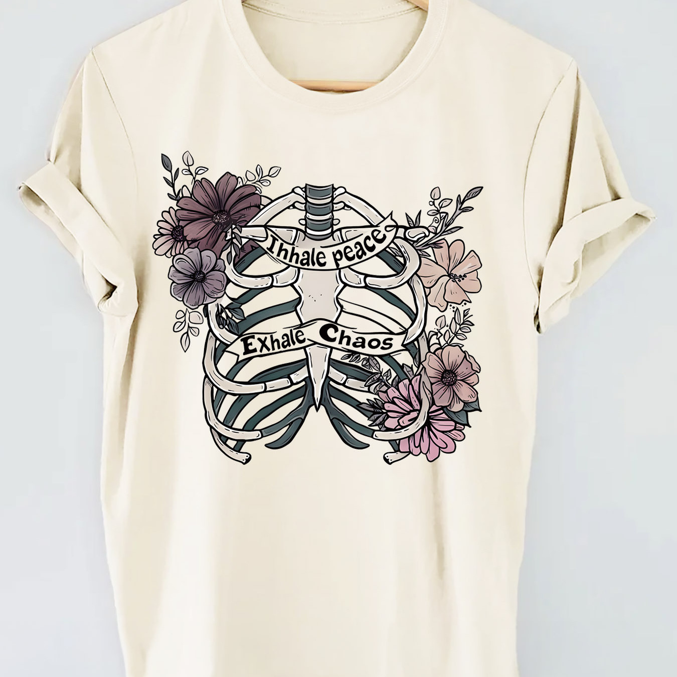 

Skull & Floral Print T-shirt, Short Sleeve Crew Neck Casual Top For Summer & Spring, Women's Clothing