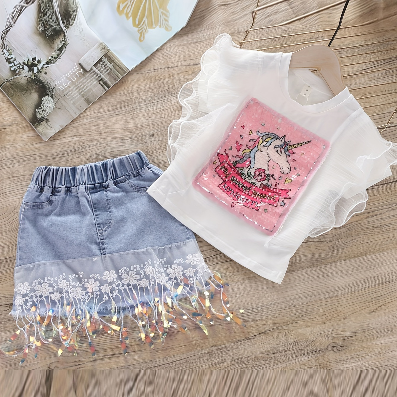 

Party Girls Sequin Cartoon Flounce Sleeve Top + Denim Sequin Skirt Two-piece Set
