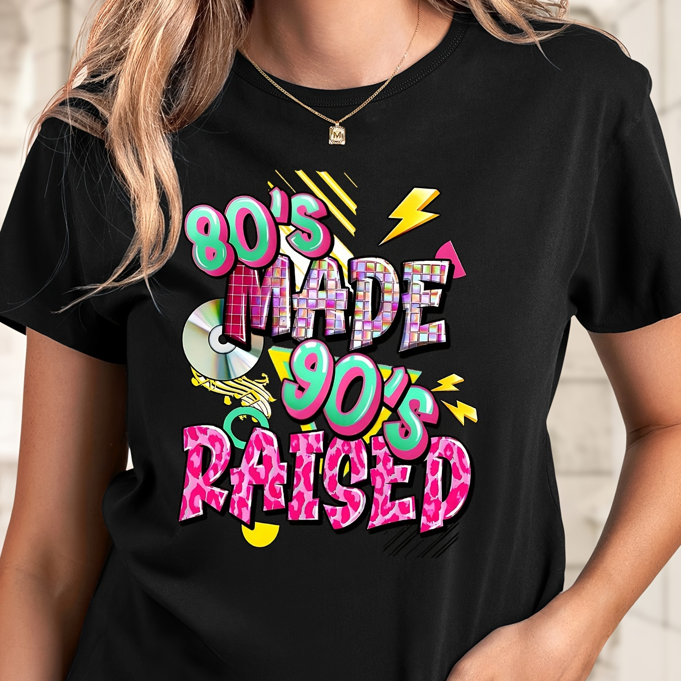 

Retro 80's 90's Disc Printed T-shirt, Women's Casual Sports Wear, Round Neck, Short Sleeve