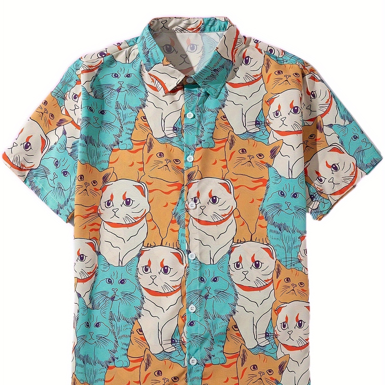

Men's Casual Cat Pattern Button Up Short Sleeve Shirt For Spring Summer