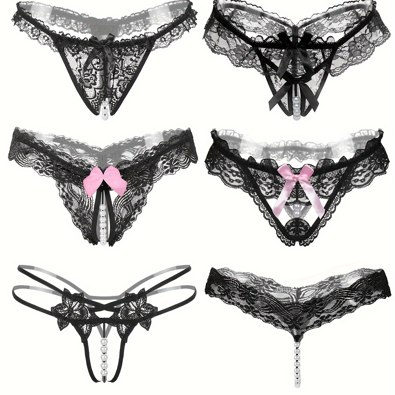 

6pcs Floral Lace Mesh Thongs, See Through Faux Pearl Bow Panties, Women's Sexy Lingerie & Underwear