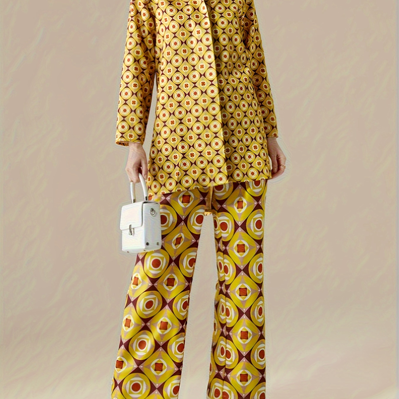 

Women's Chic Geometric Print Long Sleeve Blouse And Pants Set - Polyester, Button-up Collared, Vibrant Yellow And Orange, Ideal For Spring/fall Fashion