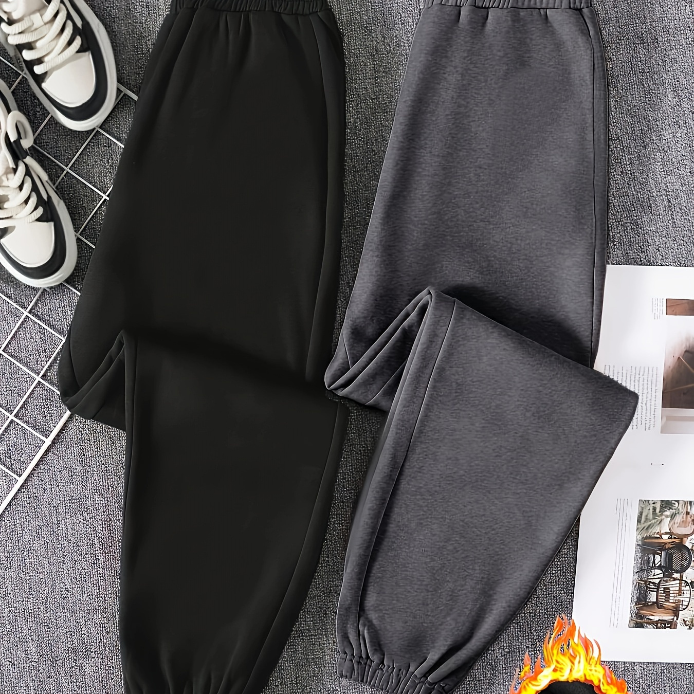 

2 Pcs Solid Color Jogger Sweatpants, Casual Waist Pants For Fall & Winter, Women's Clothing