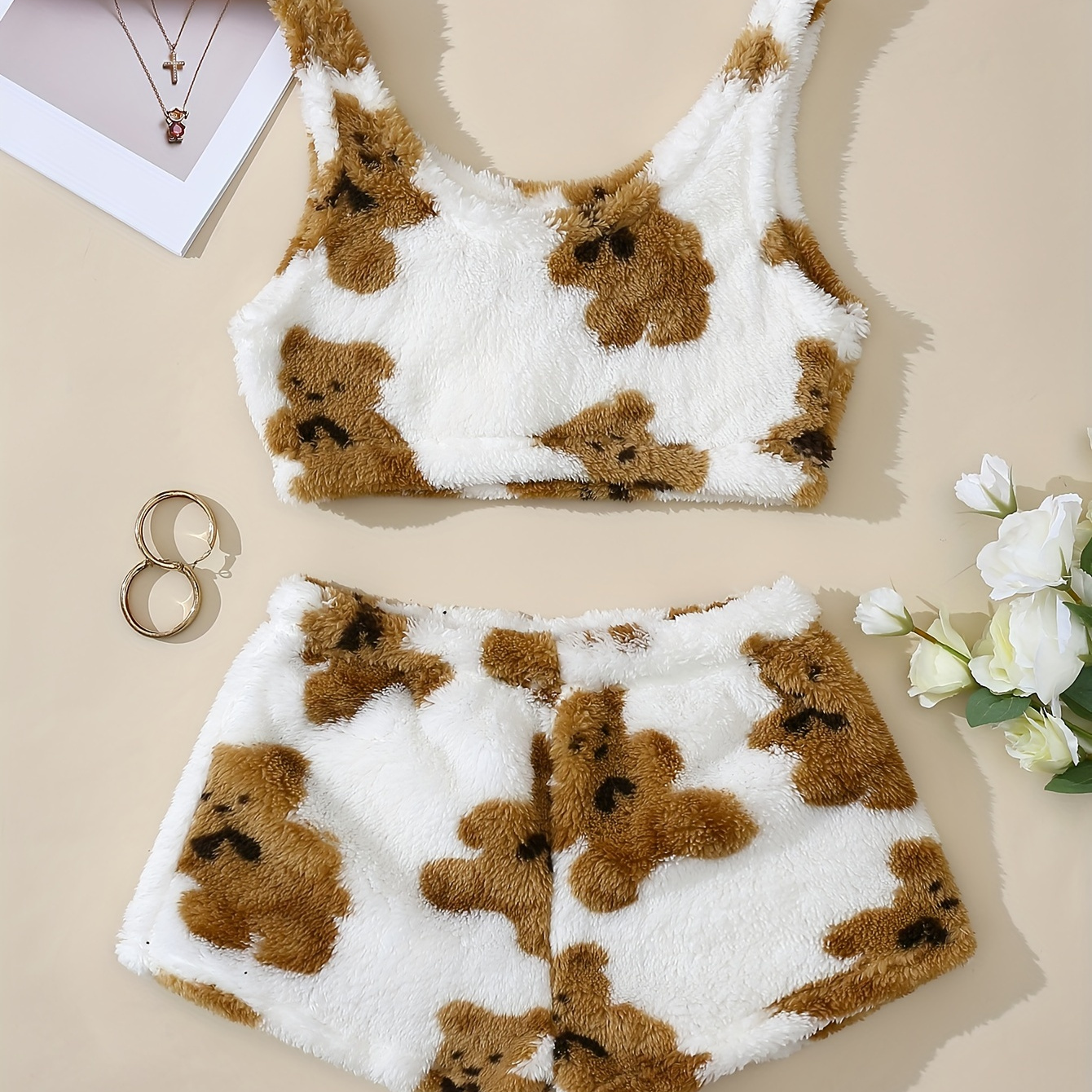 

Cartoon Bear Print Pajama Set, Crew Neck Tank Top & Elastic Waistband Shorts, Women's Sleepwear & Loungewear