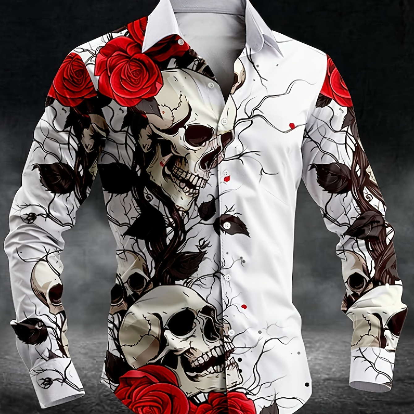 

Men's Gothic Skull & Rose Print Long Sleeve Shirt - Casual Yet Edgy, White With , Polyester, Button-up Collared Top For Halloween, Parties & Casual Attire